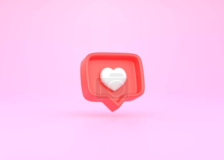 Téléchargez les photos : Cœur dans la parole bulle icône sur un fond rose. Amour comme coeur icône de notification de médias sociaux. Emoji, chat et réseau social. rendu 3d, illustration 3d - en image libre de droit