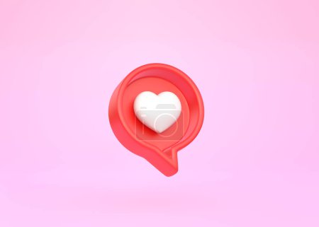 Téléchargez les photos : Cœur dans la parole bulle icône sur un fond rose. Amour comme coeur icône de notification de médias sociaux. Emoji, chat et réseau social. rendu 3d, illustration 3d - en image libre de droit