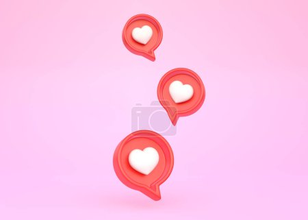 Foto de Corazón en el habla icono de burbuja sobre un fondo rosa. Amor como corazón icono de notificación de redes sociales. Emoji, chat y Social Network. representación 3d, ilustración 3d - Imagen libre de derechos