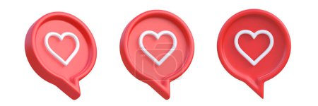 Photo for Set of heart in speech bubble icon isolated on a white background. Love like heart social media notification icon.  Emoji, chat and Social Network. 3d rendering, 3d illustration - Royalty Free Image