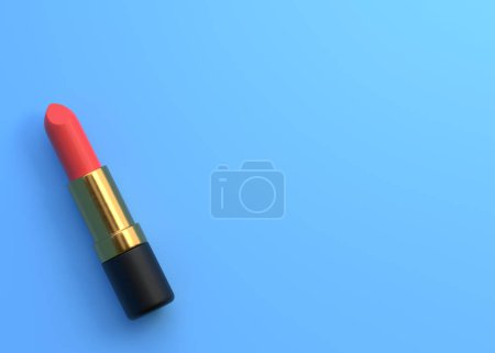 Téléchargez les photos : Rouge à lèvres rouge gros plan sur un fond bleu pastel avec espace de copie. Cosmétiques pour femmes pour maquillage professionnel. Concept beauté. Vue de dessus. Illustration de rendu 3d - en image libre de droit
