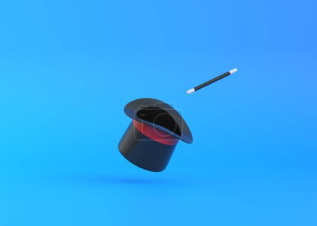 Photo for Magician hat with red ribbon and magic wand on a blue background. 3d rendering illustration - Royalty Free Image