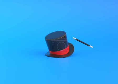 Foto de Sombrero mago con cinta roja y varita mágica sobre fondo azul. Ilustración de representación 3d - Imagen libre de derechos