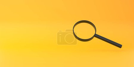 Photo for Magnifying glass flies soars over yellow background. Search, find and discover concept. Minimalism. 3d rendering 3d illustration - Royalty Free Image