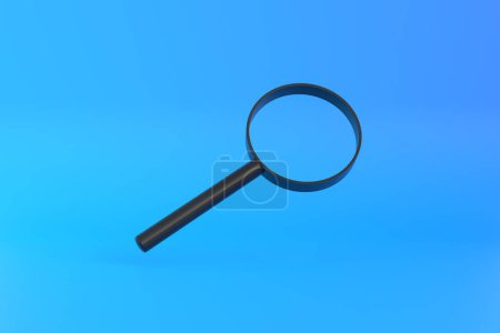 Photo for Magnifying glass flies soars over blue background. Search, find and discover concept. Minimalism. 3d rendering 3d illustration - Royalty Free Image