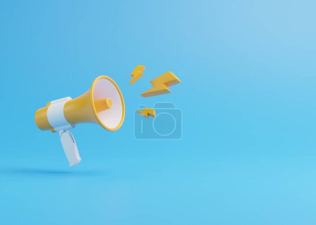 Photo for Loudspeaker and Megaphone announcement with lightings on blue background with copy space. Concept of join us, job vacancy and announcement. artoon style design. 3D render illustration - Royalty Free Image