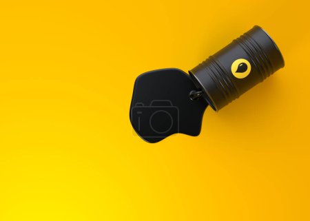 Foto de Barril negro de vertido de petróleo sobre un fondo amarillo. Ilustración de representación 3D - Imagen libre de derechos