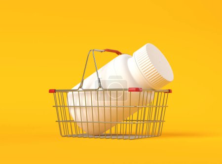 Photo for Pill bottle in a metal shopping basket on yellow background with copy space. Medicine concepts. Minimalistic abstract concept. 3d Rendering illustration - Royalty Free Image