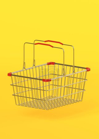 Photo for Empty metal shopping basket on yellow background. 3d rendering illustration - Royalty Free Image