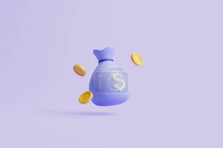 Money bag with white dollar sign and  gold coins on purple pastel background. Minimalist cartoon style. Concept of business, financial investment or savings. 3d render illustration