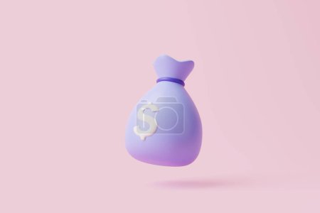 Photo for Purple money bag icon with white dollar sign on pink pastel background. Minimalist cartoon style. Concept of business, financial investment or savings. 3d render illustration - Royalty Free Image