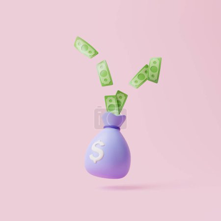 Photo for Money bag with white dollar sign on it with green banknotes on pink pastel background. Minimalist cartoon style. Concept of business, financial investment or savings. 3d render illustration - Royalty Free Image