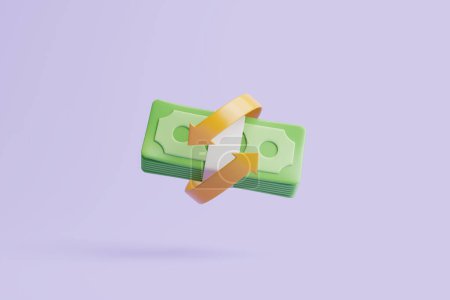 Téléchargez les photos : Lot de billets en dollars avec flèche en or sur fond violet. Paiement d'argent, concept économique et commercial. Illustration de rendu 3D simple - en image libre de droit