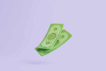 Téléchargez les photos : Icône de billets en papier vert isolée sur fond violet. Argent et concept de paiement. Illustration de rendu 3D minimaliste - en image libre de droit