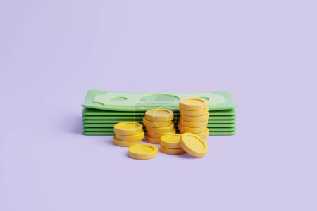 Téléchargez les photos : Billets verts américains et piles de pièces d'or sur fond violet pastel. Argent et concept de paiement. Illustration de rendu 3D simple - en image libre de droit