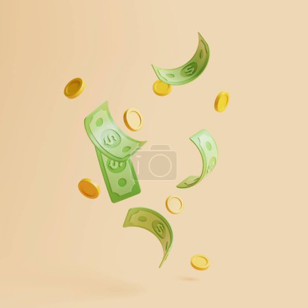Téléchargez les photos : Billets en dollars avec pièces d'or flottant sur fond beige. Gagner de l'argent, jackpot et concept de paiement. Illustration de rendu 3D simple - en image libre de droit