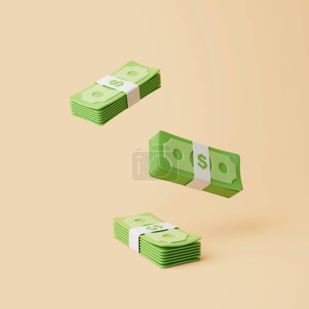 Téléchargez les photos : Des paquets d'argent flottant sur fond beige. Dollars américains. Argent et concept de paiement. Illustration de rendu 3D minimaliste - en image libre de droit