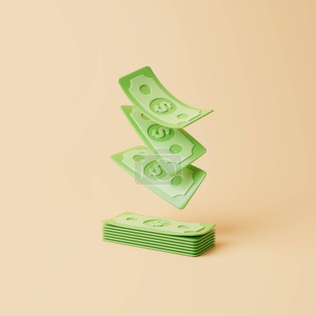 Foto de Conjunto de billetes verdes flotando sobre fondo beige pastel. Dólares. Dinero y concepto de pago. Ilustración de renderizado 3D simple - Imagen libre de derechos