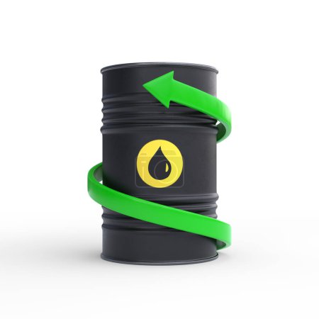 Téléchargez les photos : Baril d'huile noir simple avec flèche montante verte isolé sur fond blanc. Illustration de rendu 3d - en image libre de droit