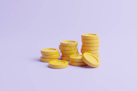 Foto de Montones de monedas de oro sobre fondo pastel púrpura. Estilo mínimo. ilustración de renderizado 3d - Imagen libre de derechos