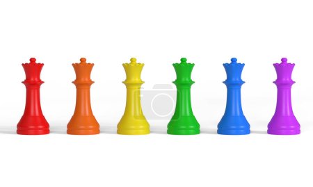 Téléchargez les photos : Rangée de reines multicolores. Pièces d'échecs. Les couleurs de drapeau de fierté représentées isolées sur fond blanc. Illustration de rendu 3D - en image libre de droit