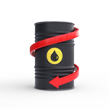 Téléchargez les photos : Baril d'huile noir simple avec flèche rouge tombante isolé sur fond blanc. Illustration de rendu 3d - en image libre de droit