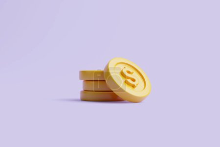Foto de Montones de monedas de oro con signo de dólar sobre fondo pastel púrpura. Estilo mínimo. ilustración de renderizado 3d - Imagen libre de derechos