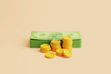 Foto de Billetes verdes estadounidenses y pilas de monedas de oro sobre fondo beige. Dinero y concepto de pago. Ilustración de renderizado 3D simple - Imagen libre de derechos