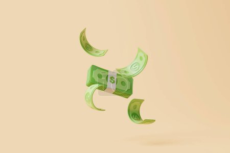 Foto de Paquete de billetes de dólar y efectivo flotando sobre fondo beige. Dinero y concepto de pago. Ilustración de renderizado 3d minimalista - Imagen libre de derechos
