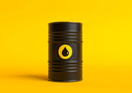 Téléchargez les photos : Baril d'huile sur fond jaune brillant. Prix du pétrole inflation. Illustration de rendu 3D - en image libre de droit