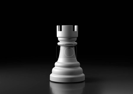 Téléchargez les photos : White rook échecs, debout sur fond noir. Figurine de jeu d'échecs. leader succès concept d'entreprise. Pièces d'échecs. Jeux de société. Jeux de stratégie. Illustration 3d, rendu 3d - en image libre de droit