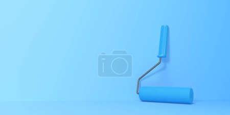 Foto de Rodillo de pintura azul sobre un fondo azul brillante. Plantilla de renovación o pintura del hogar con espacio para copiar. Representación 3D Ilustración 3D - Imagen libre de derechos