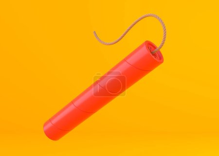 Foto de Palos de dinamita roja, TNT con mecha sobre fondo amarillo. Suministros explosivos. Concepto mínimo creativo. Ilustración de representación 3D - Imagen libre de derechos