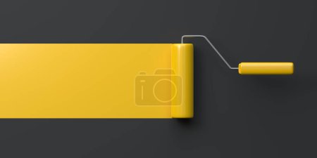 Foto de Rodillo de pintura amarillo con rastro de color sobre fondo negro. Plantilla de renovación o pintura del hogar con espacio para copiar. Representación 3D Ilustración 3D - Imagen libre de derechos