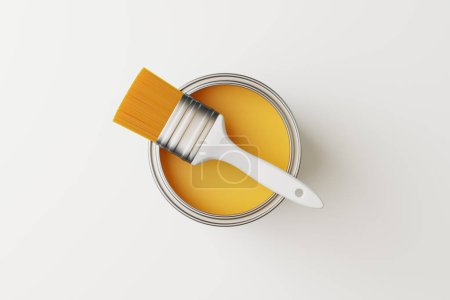 Foto de Una lata abierta de pintura y un pincel sobre un fondo blanco. Vista superior. Concepto de reparación. Ilustración de representación 3d - Imagen libre de derechos