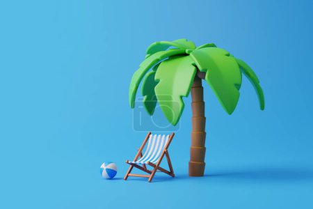 Téléchargez les photos : Dessin animé palmier tropical avec chaise et accessoires de plage sur fond bleu. Concept d'été. Illustration de rendu 3d - en image libre de droit