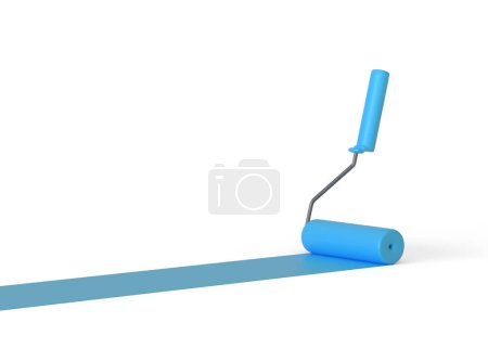Téléchargez les photos : Rouleau de peinture bleu avec piste de couleur isolé sur un fond blanc. Modèle de rénovation ou de peinture avec espace de copie. rendu 3D Illustration 3D - en image libre de droit