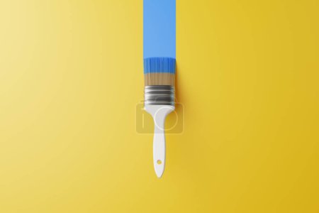 Foto de Pinte el pincel con franja azul sobre un fondo amarillo. Vista superior. Concepto de reparación. ilustración de renderizado 3d - Imagen libre de derechos