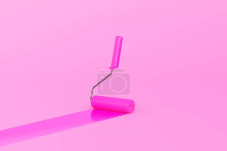 Foto de Rodillo de pintura rosa con rastro de color sobre fondo rosa. Plantilla de renovación o pintura del hogar con espacio para copiar. Representación 3D Ilustración 3D - Imagen libre de derechos