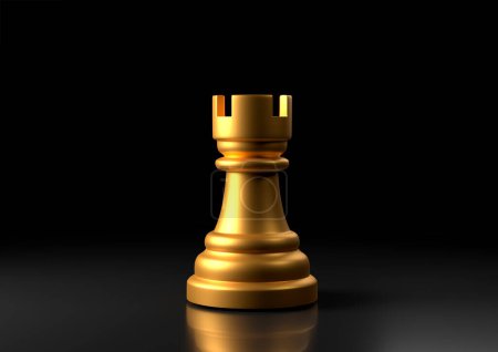 Photo for Gold rook chess, standing against black background. Chess game figurine. leader success business concept. Chess pieces. Board games. Strategy games. 3d illustration, 3d rendering - Royalty Free Image