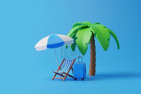 Foto de Palma tropical de dibujos animados con silla y accesorios de playa sobre un fondo azul. Concepto de verano. Ilustración de representación 3d - Imagen libre de derechos