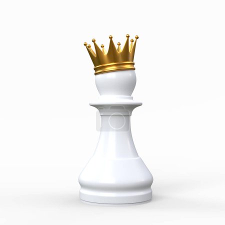 Téléchargez les photos : Pieu d'échecs blanc couronné d'une couronne d'or isolée sur fond blanc. Illustration de rendu 3D - en image libre de droit