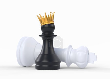 Téléchargez les photos : Pion d'échecs noir couronné d'une couronne d'or isolée sur fond blanc. Illustration de rendu 3D - en image libre de droit