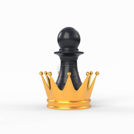 Foto de Peón de ajedrez negro de pie dentro de una corona dorada gigante sobre un fondo blanco. Ilustración de representación 3D - Imagen libre de derechos