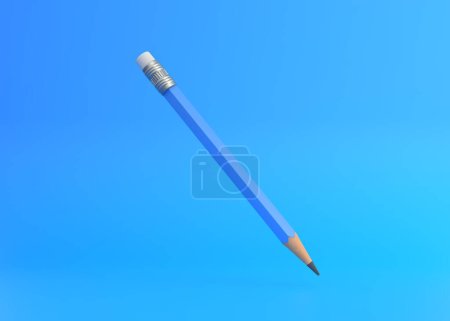 Photo for Classic sharp wooden pencil with rubber eraser flying on blue background. Minimal creative concept. School supplies. Office tools. 3d render illustration - Royalty Free Image