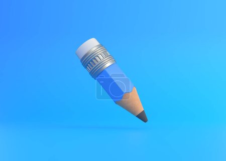 Photo for Funny small sharp wooden pencil with rubber eraser flying on blue background. Minimal creative concept. School supplies. Office tools. 3d render illustration - Royalty Free Image