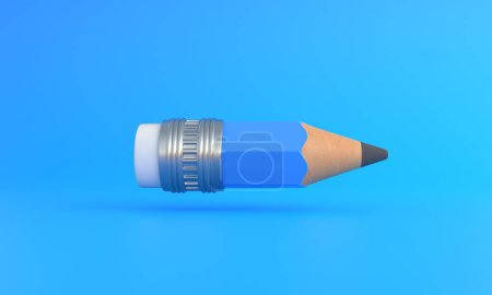 Téléchargez les photos : Drôle petit crayon en bois pointu avec gomme à effacer en caoutchouc volant sur fond bleu. Concept créatif minimal. Des fournitures scolaires. Outils de bureau. Illustration de rendu 3D - en image libre de droit