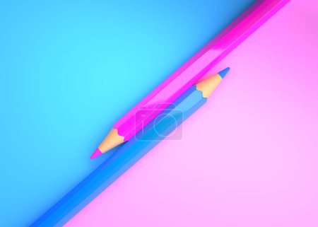 Téléchargez les photos : Crayons roses et bleus sur papier coloré. Crayons colorés. Concept de fond minimal créatif. Illustration de rendu 3D - en image libre de droit