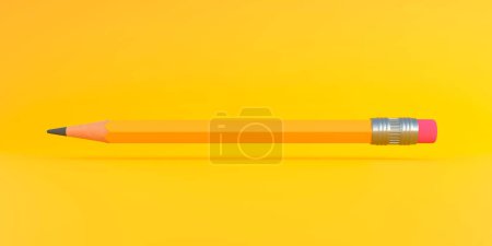 Photo for Classic sharp wooden pencil with rubber eraser flying on yellow background. Minimal creative concept. School supplies. Office tools. 3d render illustration - Royalty Free Image