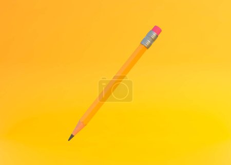 Téléchargez les photos : Crayon classique en bois pointu avec gomme à effacer en caoutchouc volant sur fond jaune. Concept créatif minimal. Des fournitures scolaires. Outils de bureau. Illustration de rendu 3D - en image libre de droit